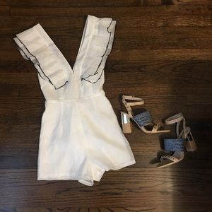 White Ruffle V Neck Romper